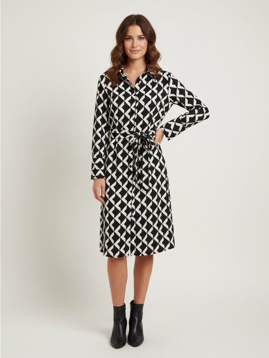 H&M Dresses & Skirts - H&M Tie- Belt Shirt Dress With White and Black Geometric Classic Design